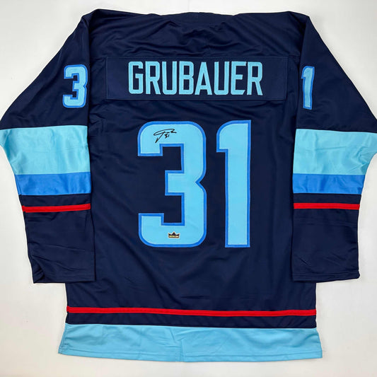 Facsimile Autographed Philipp Grubauer Seattle Blue Reprint Laser Auto Hockey Jersey Size Men's XL