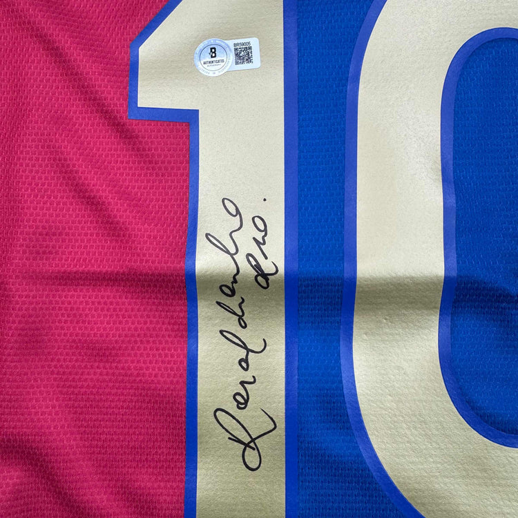Autographed/Signed Ronaldinho Barcelona Blue/Red Soccer Jersey Beckett BAS COA
