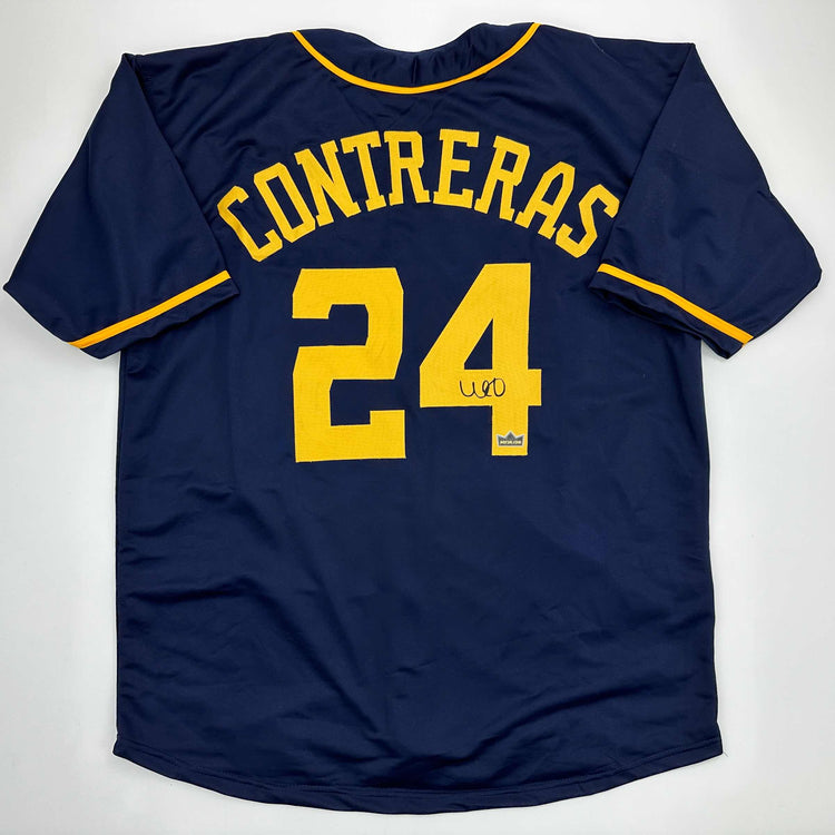 Facsimile Autographed William Contreras Milwaukee Blue Reprint Laser Auto Baseball Jersey Size Men's XL