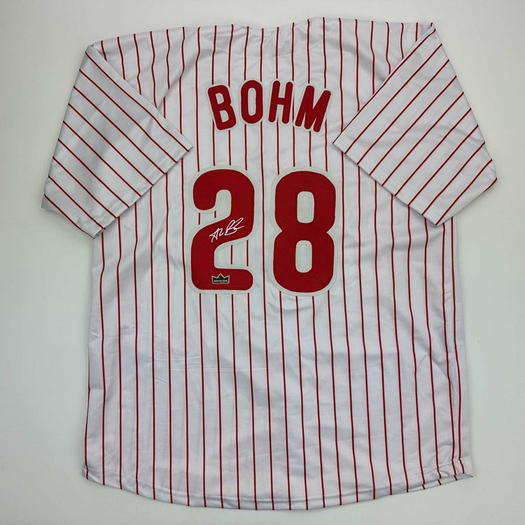 Facsimile Autographed Alec Bohm Philadelphia Pinstripe Reprint Laser Auto Baseball Jersey Size Men's XL