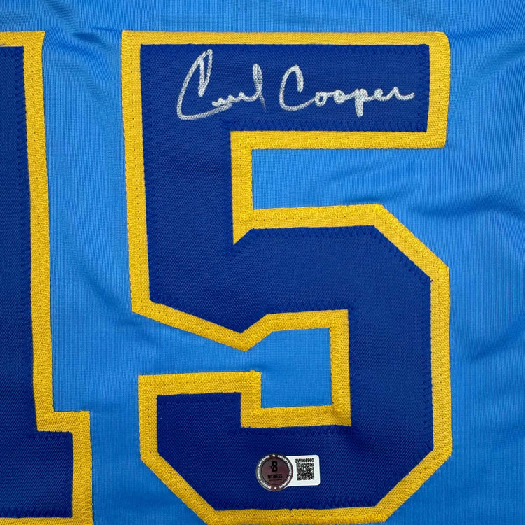 Autographed/Signed Cecil Cooper Milwaukee Blue Baseball Jersey Beckett BAS COA