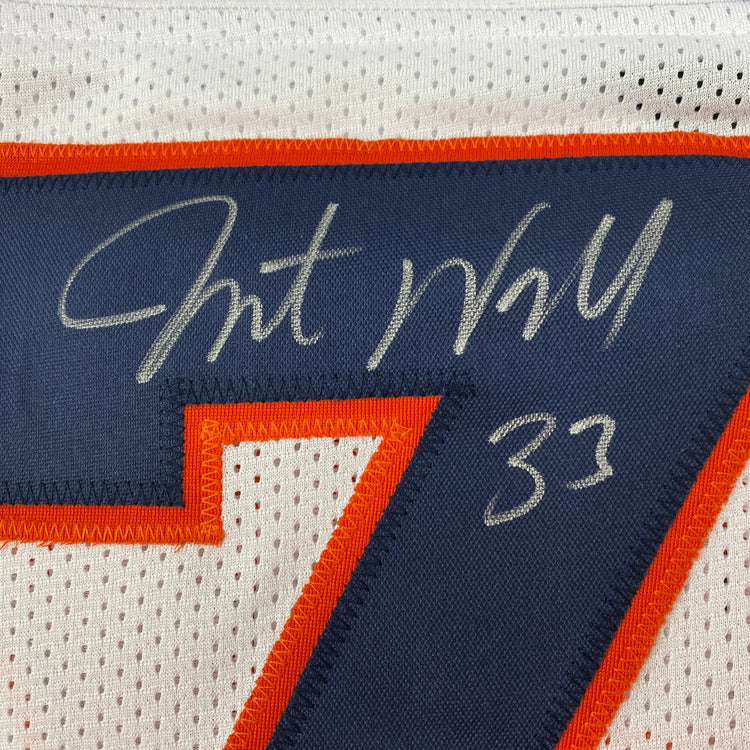 Autographed/Signed Javonte Williams Denver White Football Jersey Beckett BAS COA