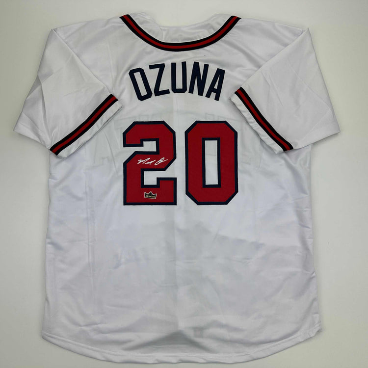 Facsimile Autographed Marcell Ozuna Atlanta White Reprint Laser Auto Baseball Jersey Size Men's XL