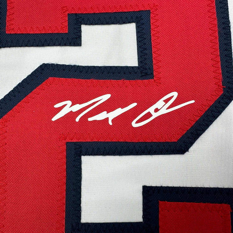 Framed Facsimile Autographed Marcell Ozuna 35x39 Atlanta White Reprint Laser Auto Baseball Jersey