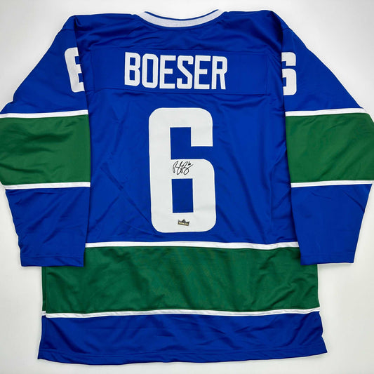 Facsimile Autographed Brock Boeser Vancouver Blue Reprint Laser Auto Hockey Jersey Size Men's XL