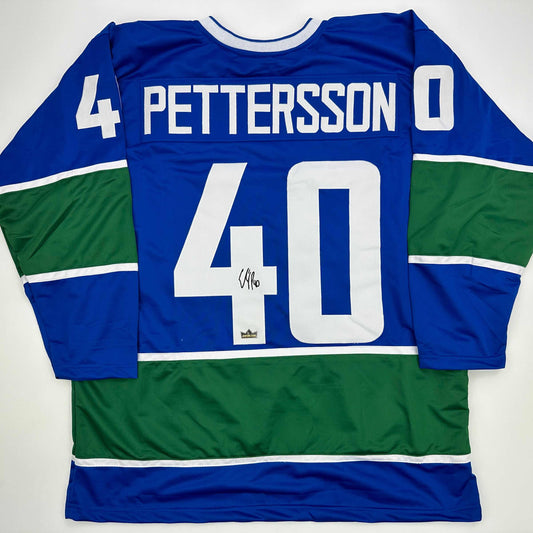 Facsimile Autographed Elias Pettersson Vancouver Blue Reprint Laser Auto Hockey Jersey Size Men's XL