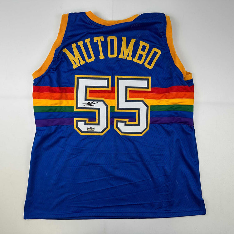 Facsimile Autographed Dikembe Mutombo Denver Blue Reprint Laser Auto Basketball Jersey Size Men's XL