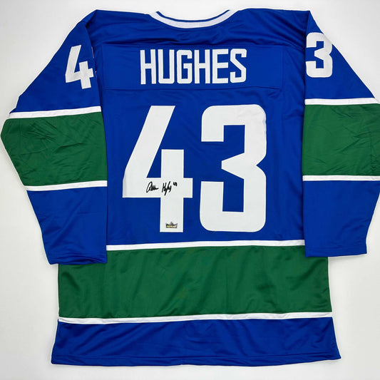 Facsimile Autographed Quinn Hughes Vancouver Blue Reprint Laser Auto Hockey Jersey Size Men's XL