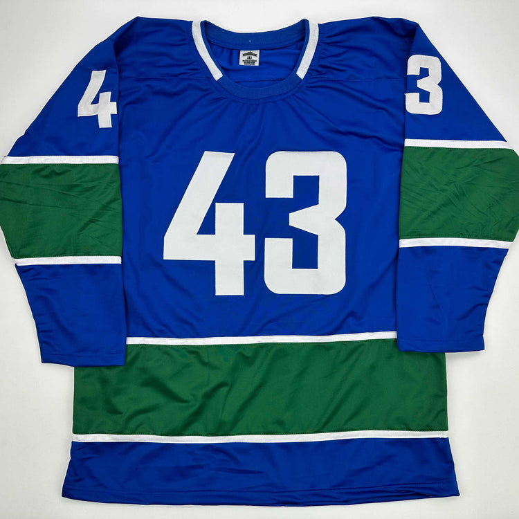 Facsimile Autographed Quinn Hughes Vancouver Blue Reprint Laser Auto Hockey Jersey Size Men's XL