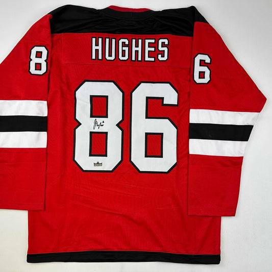 Facsimile Autographed Jack Hughes New Jersey Red Reprint Laser Auto Hockey Jersey Size Men's XL
