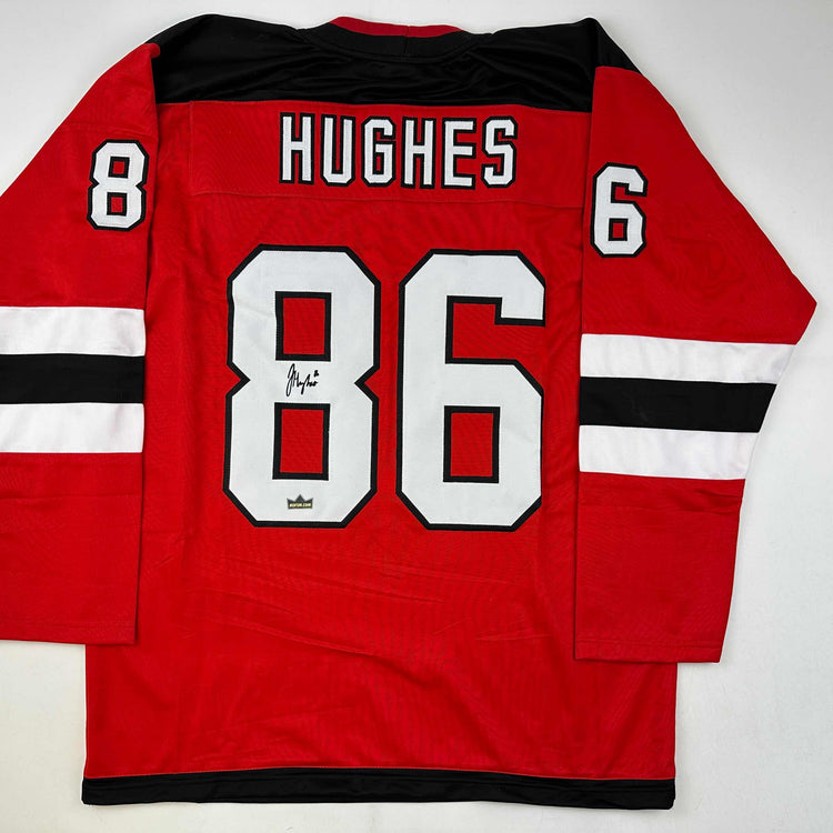 Facsimile Autographed Jack Hughes New Jersey Red Reprint Laser Auto Hockey Jersey Size Men's XL