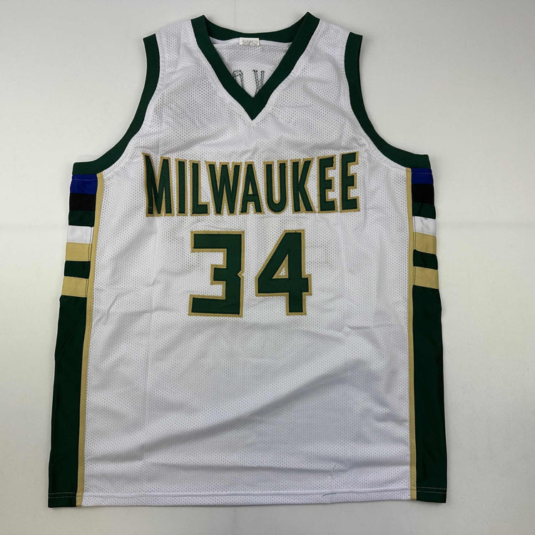 Facsimile Autographed Giannis Antetokounmpo Milwaukee White Reprint Laser Auto Basketball Jersey Size Men's XL