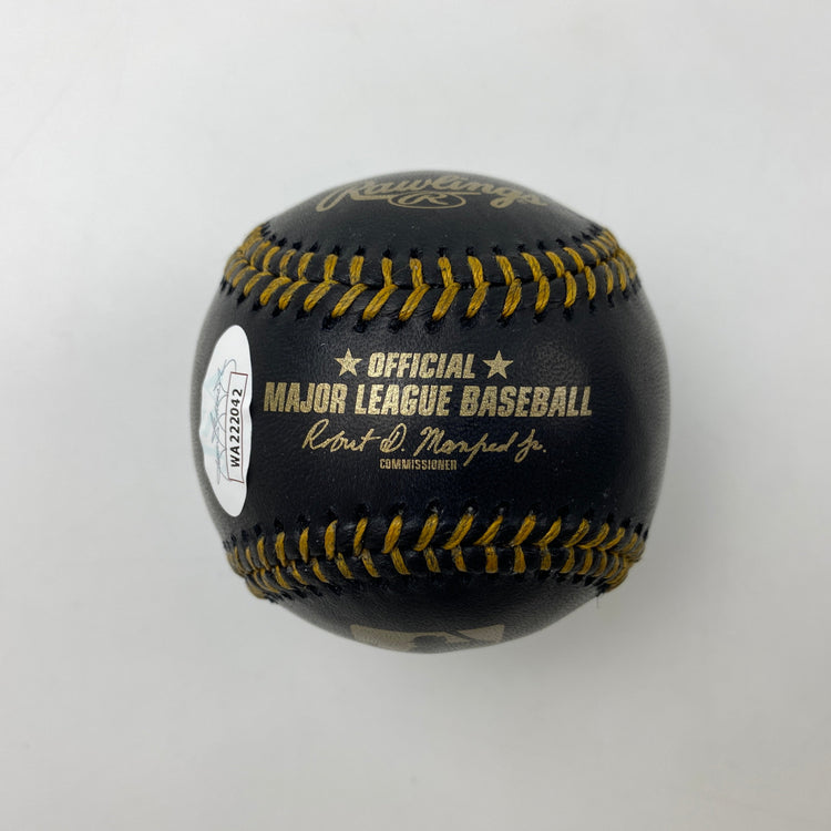 Autographed/Signed Ronald Acuna Jr. Black Rawlings Official Major League ROML Baseball JSA COA