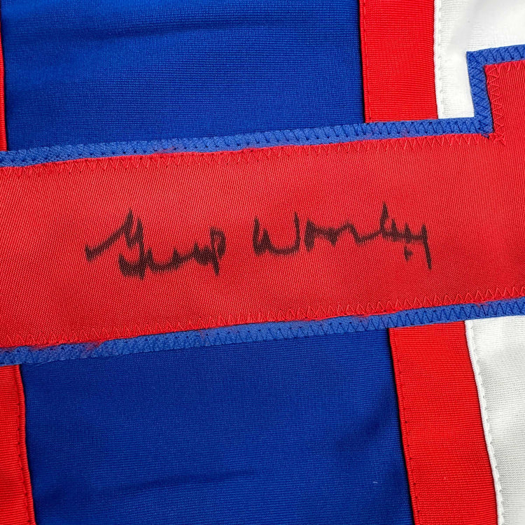 Framed Autographed/Signed Gump Worsley 35x39 Montreal White Hockey Jersey JSA COA
