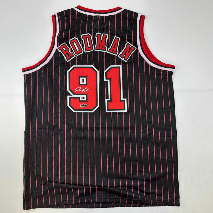 Facsimile Autographed Dennis Rodman Chicago Black Pinstripe Reprint Laser Auto Basketball Jersey Size Men's XL
