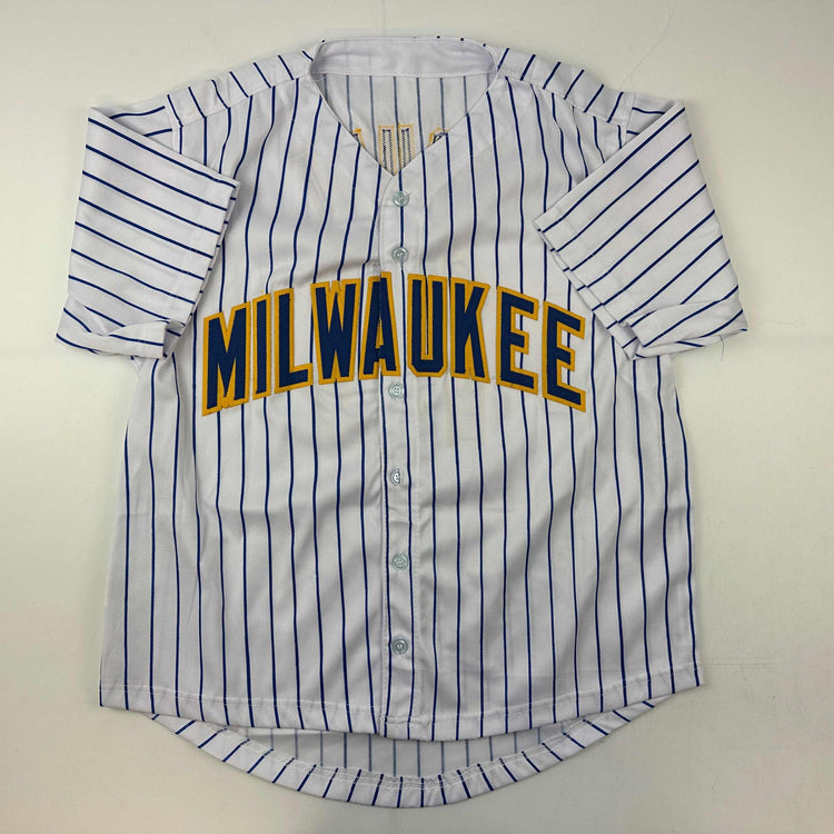 Facsimile Autographed Robin Yount Milwaukee Pinstripe Reprint Laser Auto Baseball Jersey Size Men's XL