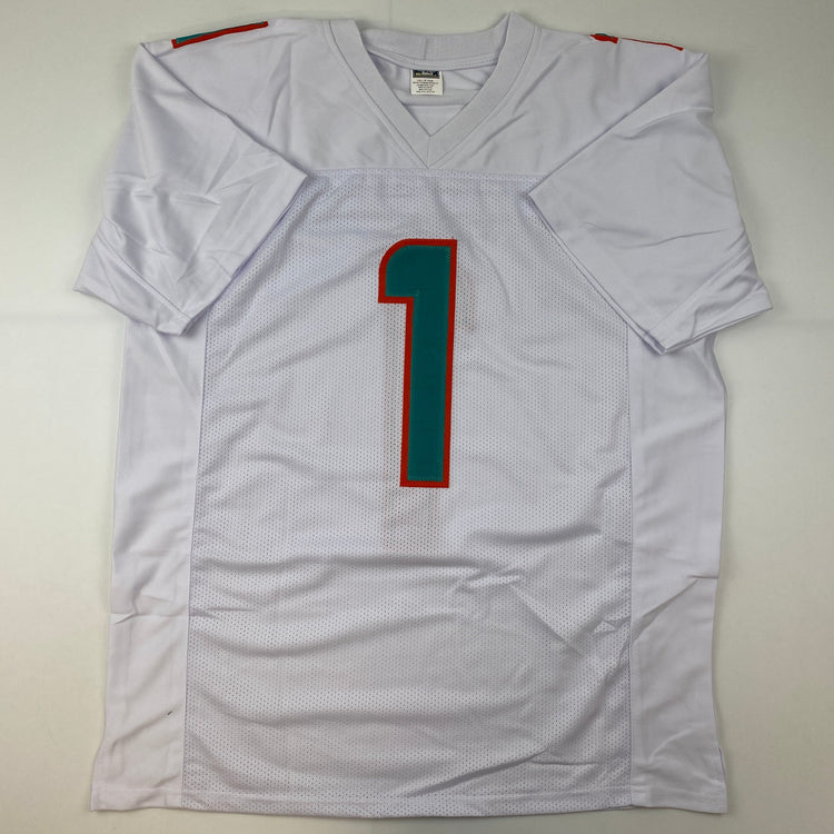 Facsimile Autographed Tua Tagovailoa Miami White Reprint Laser Auto Football Jersey Size Men's XL
