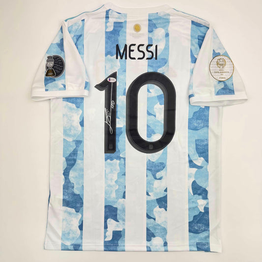 Autographed/Signed Lionel Leo Messi Argentina Blue/White Soccer Jersey Beckett BAS COA
