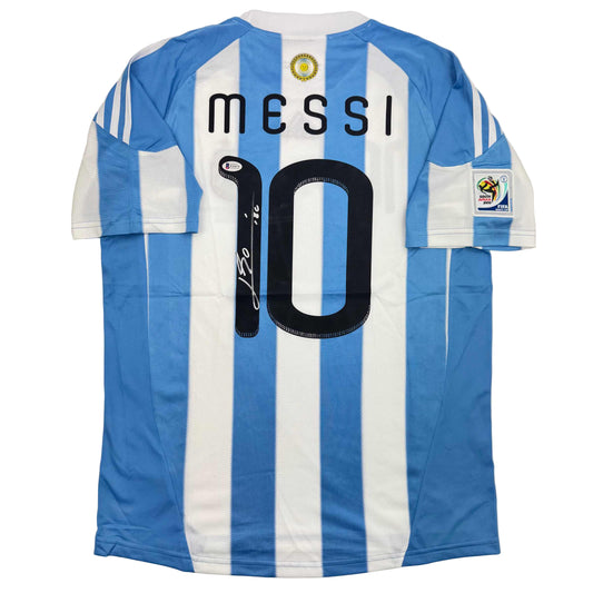 Autographed/Signed Lionel Leo Messi Argentina Blue/White Soccer Jersey Beckett BAS COA