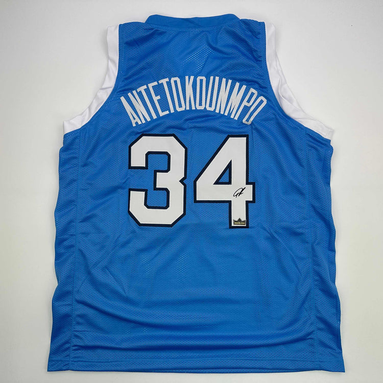 Facsimile Autographed Giannis Antetokounmpo Greece Light Blue Reprint Laser Auto Basketball Jersey Size Men's XL