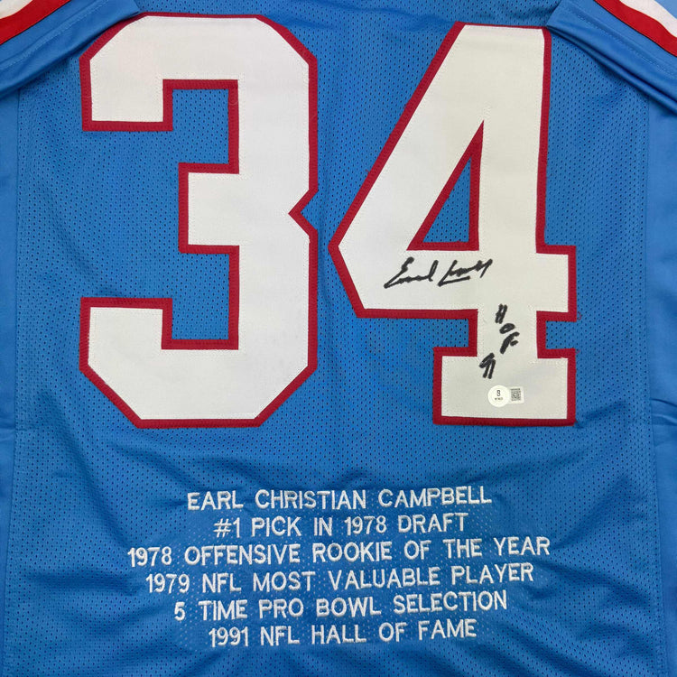 Autographed/Signed Earl Campbell HOF 91 Houston Blue Stat Football Jersey JSA COA
