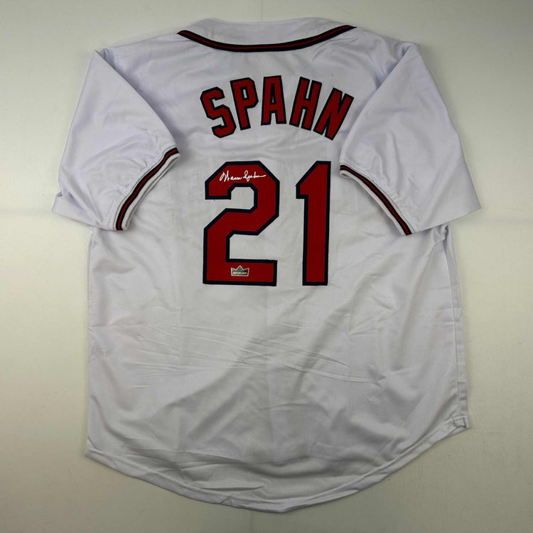 Facsimile Autographed Warren Spahn Atlanta White Reprint Laser Auto Baseball Jersey Size Men's XL