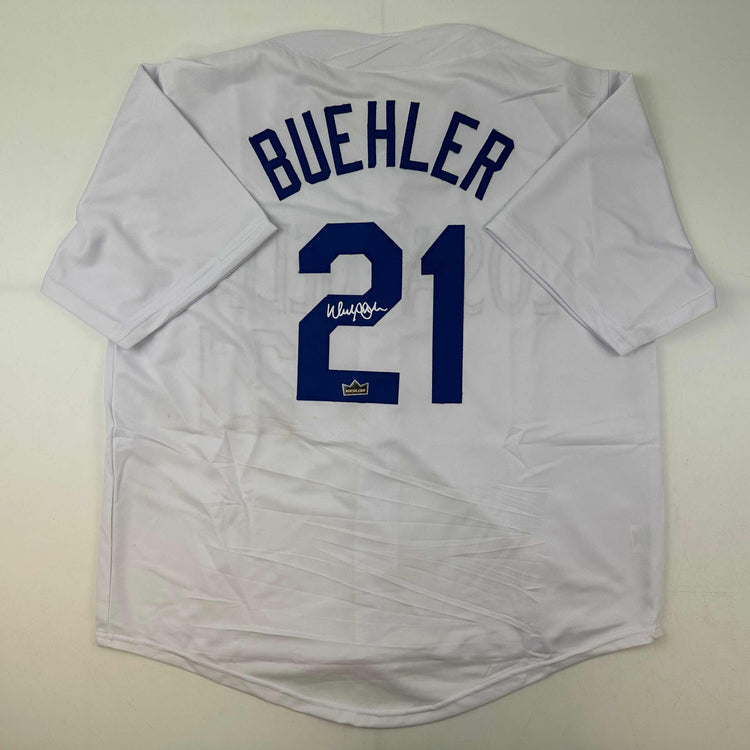 Facsimile Autographed Walker Buehler Los Angeles LA White Reprint Laser Auto Baseball Jersey Size Men's XL