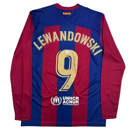 Autographed/Signed Robert Lewandowski FC Barcelona Blue Soccer Jersey Beckett BAS COA