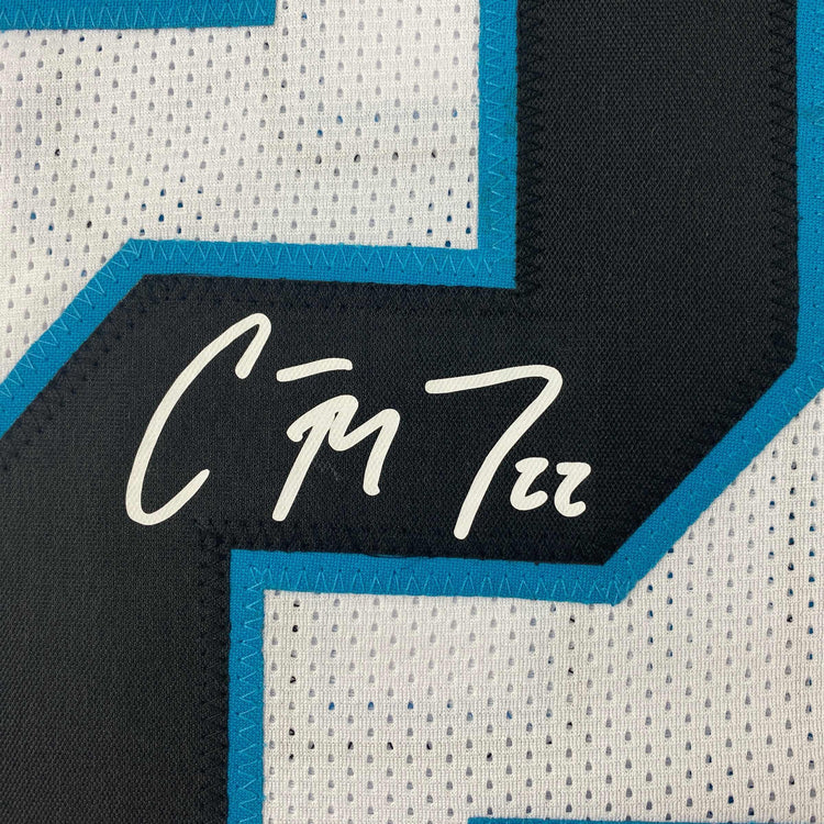 Facsimile Autographed Christian McCaffrey Carolina White Reprint Laser Auto Football Jersey Size Men's XL
