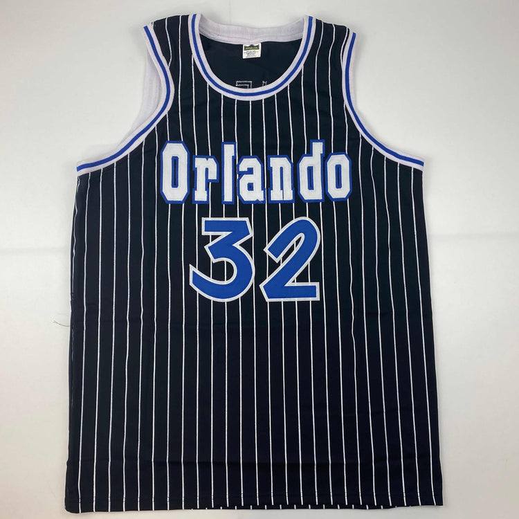 Facsimile Autographed Shaquille Shaq O'Neal Orlando Black Pinstripe Reprint Laser Auto Basketball Jersey Size Men's XL