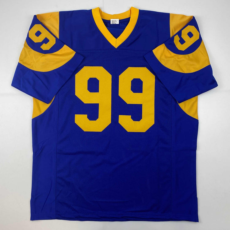 Facsimile Autographed Aaron Donald Los Angeles LA Royal Blue Retro Reprint Laser Auto Football Jersey Size Men's XL