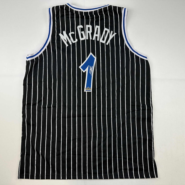 Facsimile Autographed Tracy McGrady Orlando Black Pinstripe Reprint Laser Auto Basketball Jersey Size Men's XL