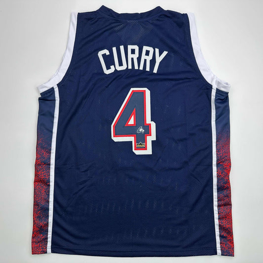 Facsimile Autographed Stephen Steph Curry 2024 United States Team USA Blue Reprint Laser Auto Basketball Jersey Size Men's XL