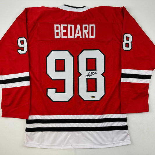 Facsimile Autographed Connor Bedard Chicago Red Reprint Laser Auto Hockey Jersey Size Men's XL