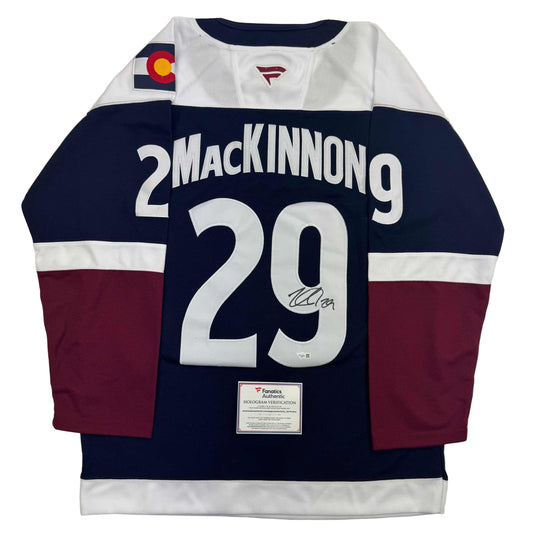 Autographed/Signed Nathan MacKinnon Colorado Avalanche Authentic Blue Hockey Jersey Fanatics COA