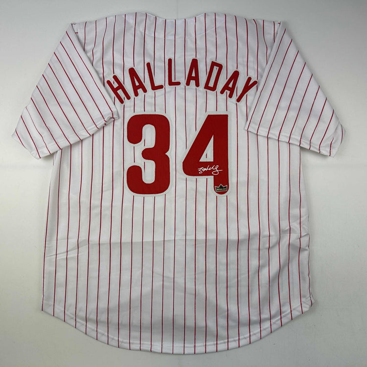 Facsimile Autographed Roy Halladay Philadelphia Pinstripe Reprint Laser Auto Baseball Jersey Size Men's XL