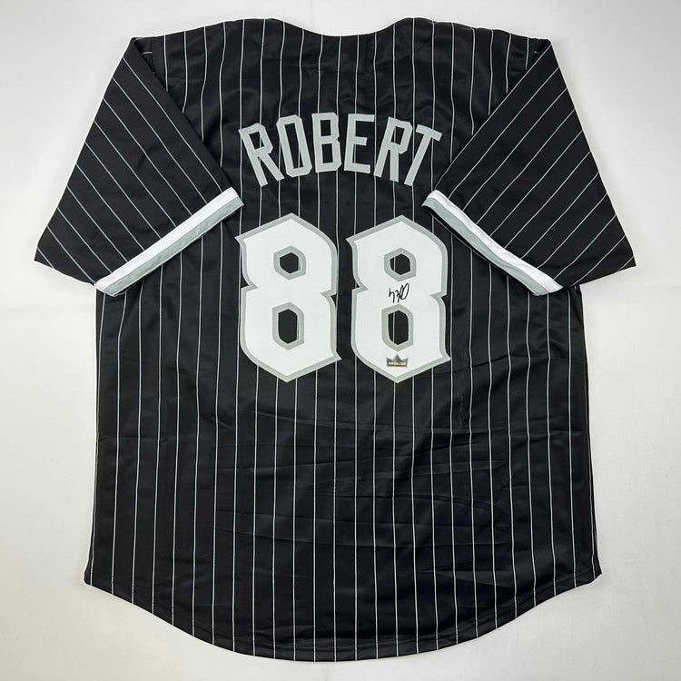 Facsimile Autographed Luis Robert Chicago Black Pinstripe City Connect Reprint Laser Auto Baseball Jersey Size Men's XL