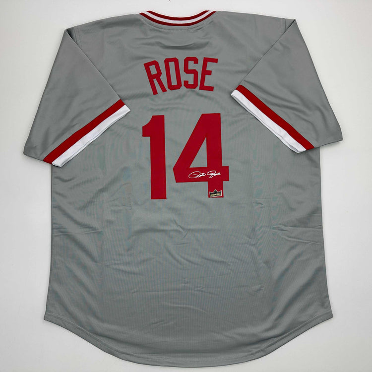 Facsimile Autographed Pete Rose Cincinnati Grey Reprint Laser Auto Baseball Jersey Size Men's XL