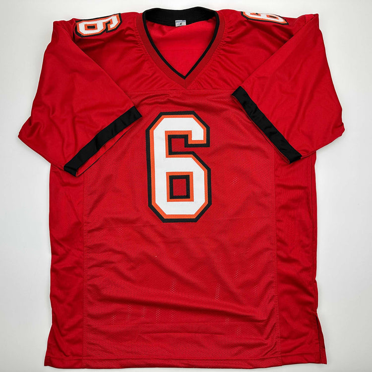 Autographed/Signed Baker Mayfield Tampa Bay Red Football Jersey Beckett BAS COA