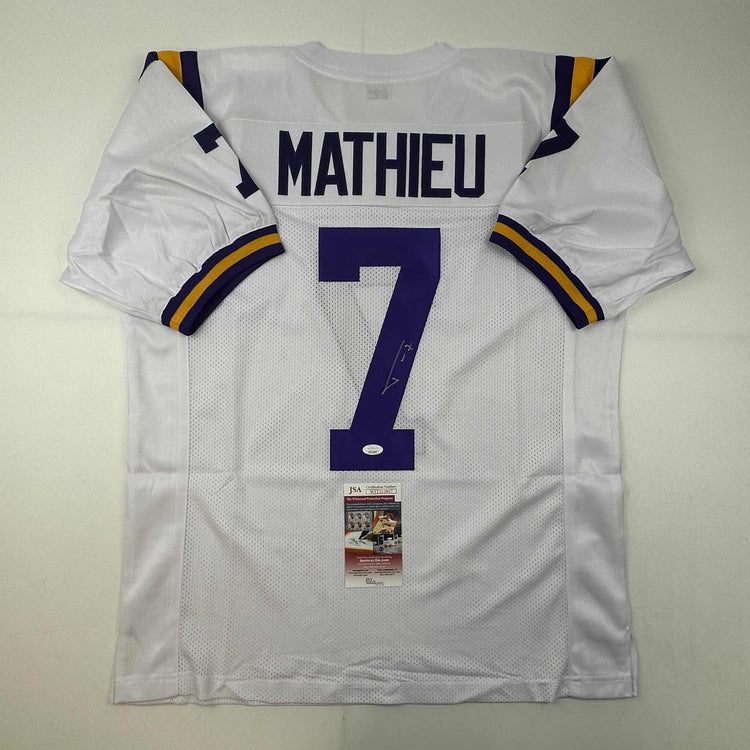 Autographed/Signed Tyrann Mathieu LSU White College Football Jersey JSA COA