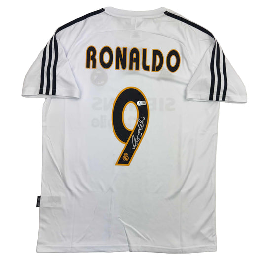 Autographed/Signed Ronaldo Nazario Real Madrid White Soccer Jersey Beckett BAS COA