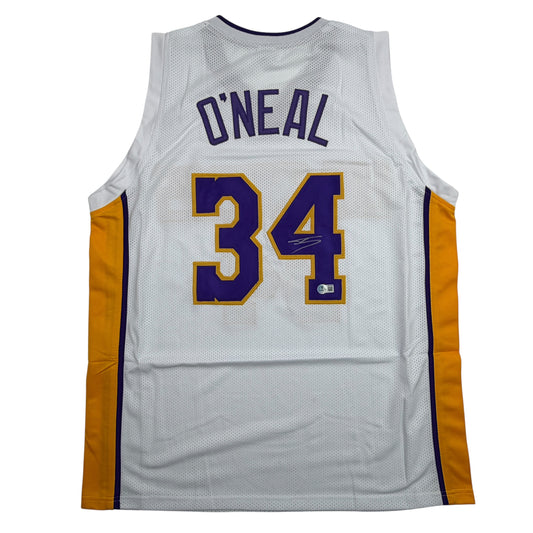 Autographed/Signed Shaquille Shaq O'Neal Los Angeles LA White Basketball Jersey Beckett BAS COA