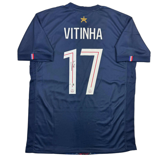 Autographed/Signed Vitinha PSG Paris Saint Germain Blue Soccer Futbol Jersey Beckett BAS COA