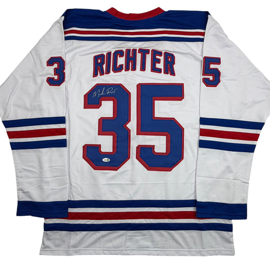 Autographed/Signed Mike Richter New York White Hockey Jersey Beckett BAS COA