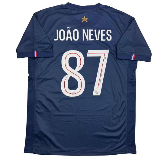 Autographed/Signed Joao Neves PSG Paris Saint Germain Blue Soccer Futbol Jersey Beckett BAS COA