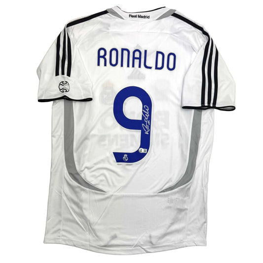 Autographed/Signed Ronaldo Nazario Real Madrid White Soccer Jersey Beckett BAS COA