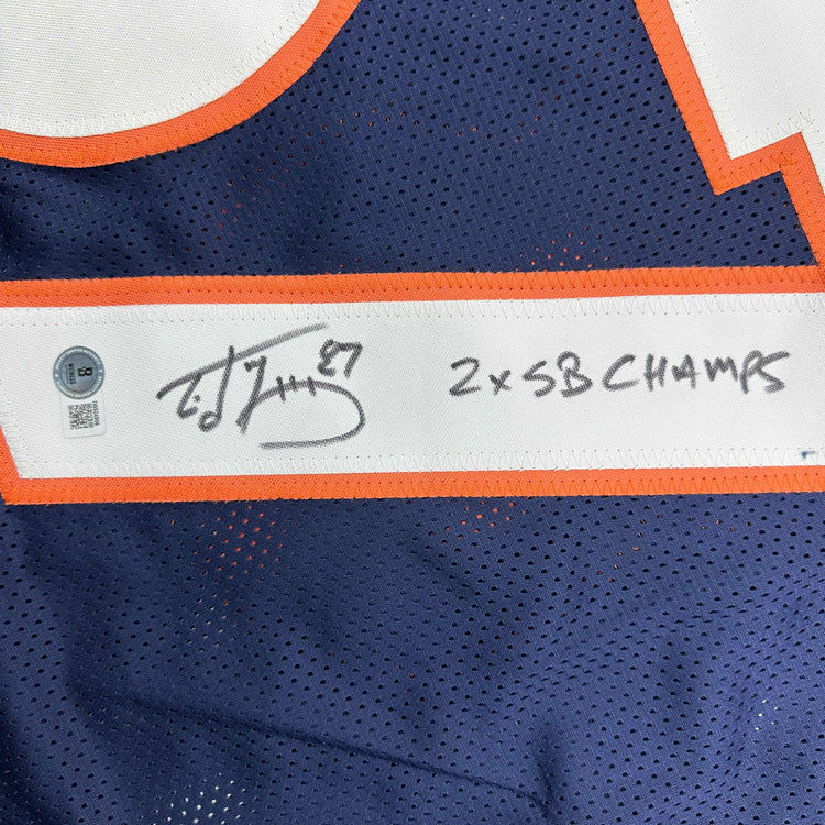Autographed/Signed Ed McCaffrey 2x SB Champs Denver Blue Football Jersey Beckett BAS COA
