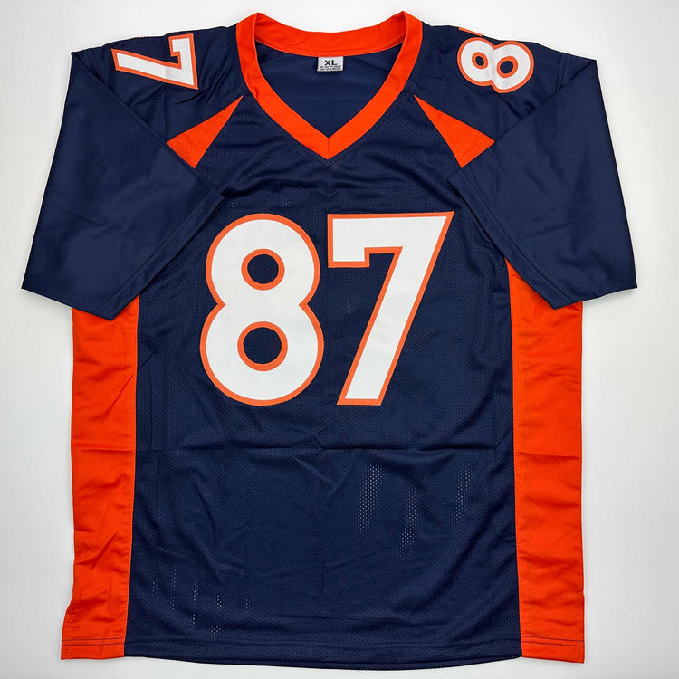 Autographed/Signed Ed McCaffrey 2x SB Champs Denver Blue Football Jersey Beckett BAS COA