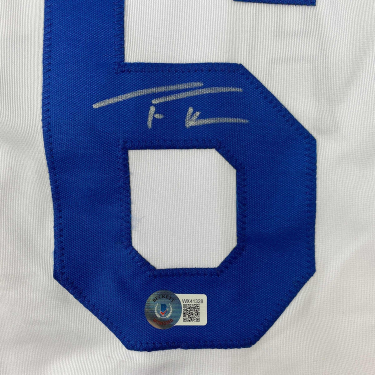 Autographed/Signed Trea Turner Los Angeles LA White Baseball Jersey Beckett BAS COA