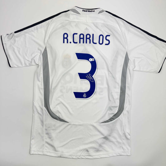 Autographed/Signed Roberto Carlos Real Madrid White Soccer Jersey Beckett BAS COA